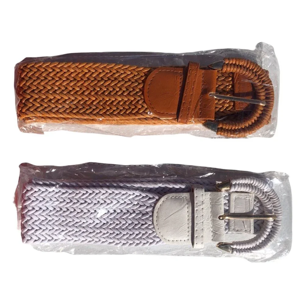Women's Woven Stretch Belt Set Brown & White Braided Elastic, One Size